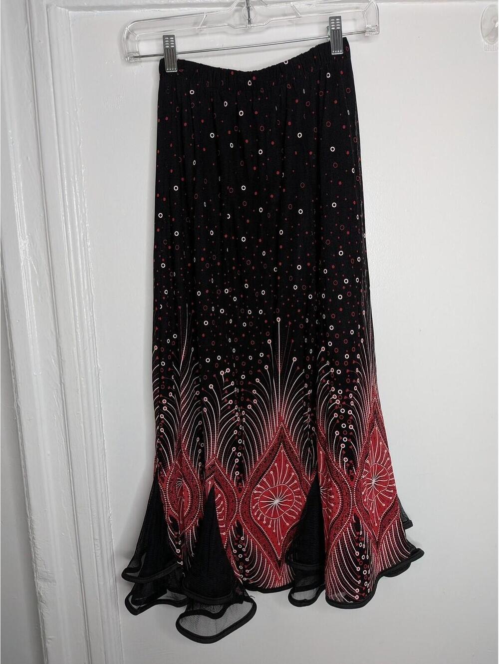 Boho Geometric Skirt S/M Black Red Chiffon Ruffle Layered Midi Flare Goth Fairy